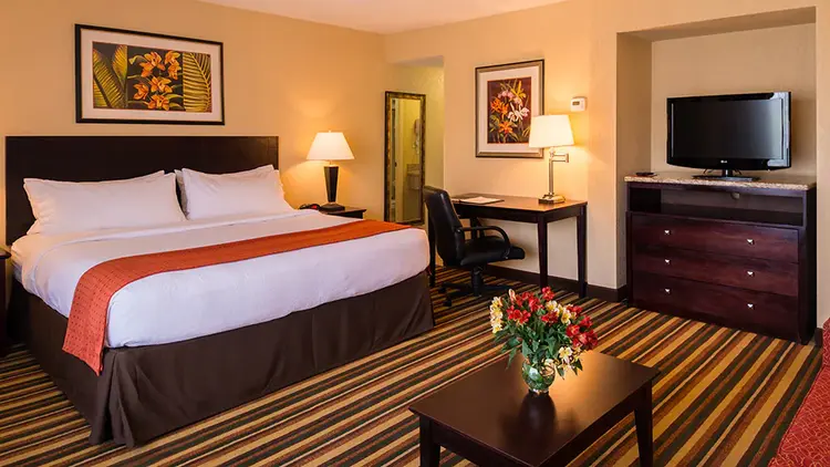 A hotel room featuring a large bed, a dresser, flat-screen television and desk space