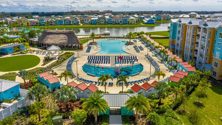 Panoramic view of the outdoor pool area and its surroundings at Embassy Suites by Hilton Orlando Sunset Walk