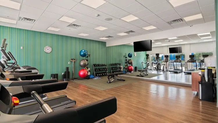 A big room filled with free weights, treadmills and other gym equipment, and a mirrored wall that reflects everything in the room